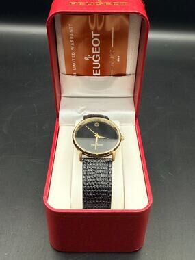 Peugeot Men's 2043BK Minimalist Dress Watch 14KT Gold Plated Black Dial Leather